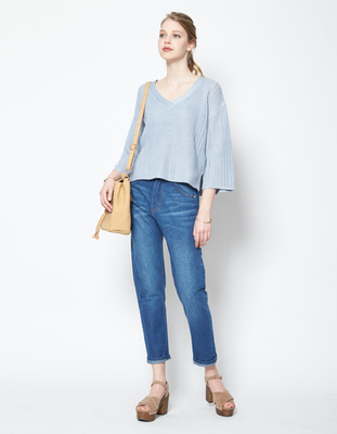 綿タッチ透かし編みVネックトップス