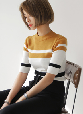 ライン配色ショートスリーブニットプルオーバー