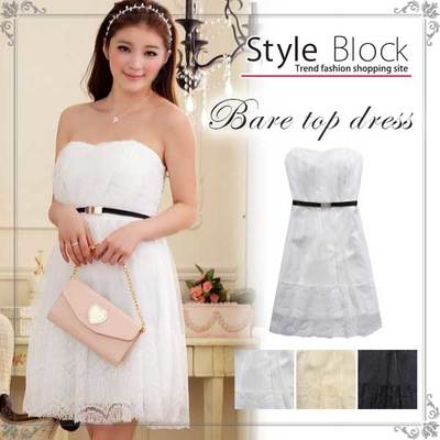 ベルト飾り付きレースベアトップパーティードレス