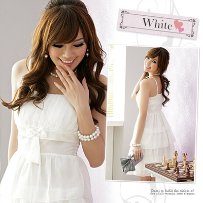 プリーツ3段フリルティアードポリエステルパーティードレス