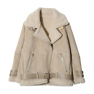 ベルトONフェイクムートンジャケット (ライトベージュ)