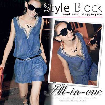 ビーズデザインダンガリーサロペットオールインワンベルト付き