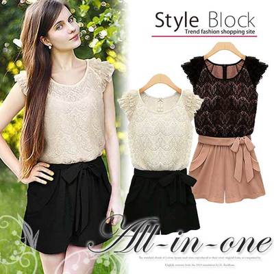 レースフリルウエストリボンバイカラーオールインワン