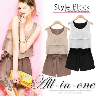 シフォンウエストリボンバイカラーオールインワン