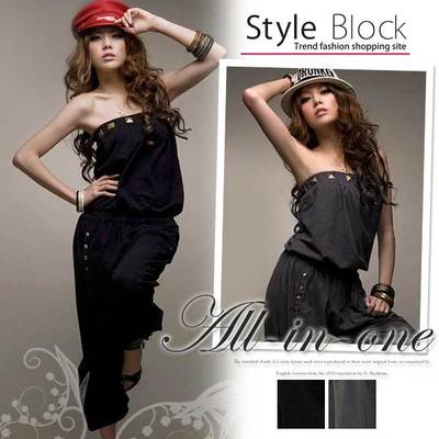 スタッズ付きクロップドサロペットオールインワン