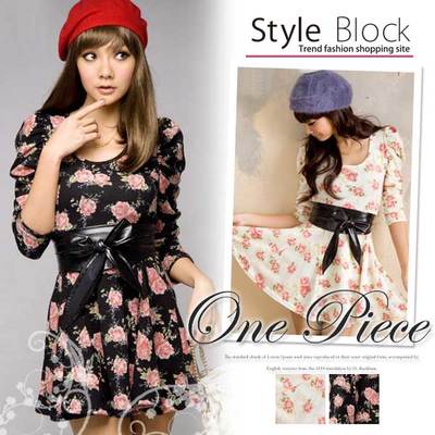 シフォンAライン花柄ワンピースベルト付き