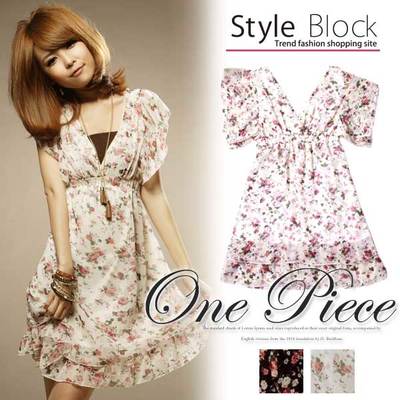 シフォンVネック花柄ワンピース