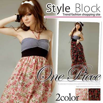 ボーダーベアトップ花柄マキシワンピース