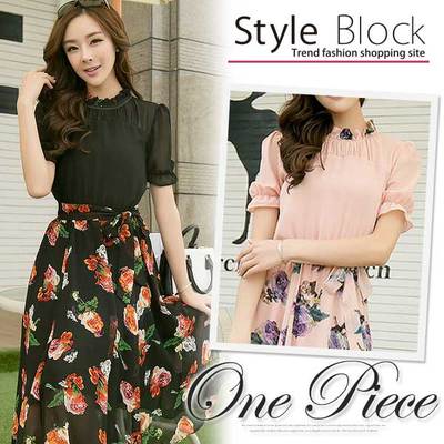 袖付き花柄シフォンドッキングワンピース