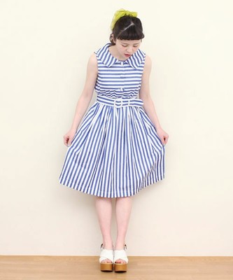 Dot＆Stripes CHILD WOMAN 綿麻　太ストライプ　ベルト付き　ぬけ衿ワンピース