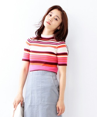 リブ マルチボーダー ハイネックニット