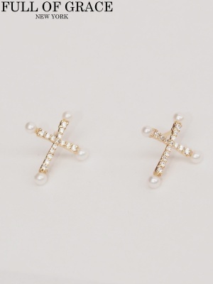 CZ Cross Studs w/Pearl