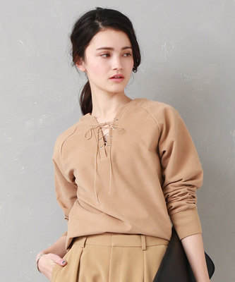 ストレッチモールスキンレースアッププルオーバー　BGE/TAN