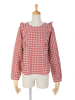 ギンガムチェックショルダーフリルプルオーバーブラウス/F i.n.t