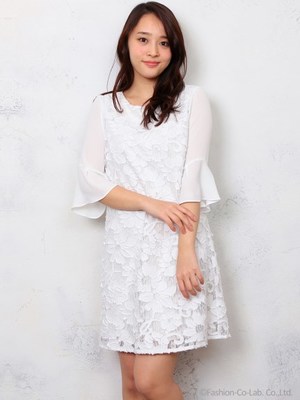 袖フレアーレースワンピ
