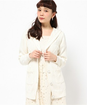 ガーリーケーブルフーテッドニットカーデ