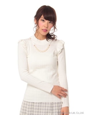 Ladyパールハイネックリブニットプルオーバー