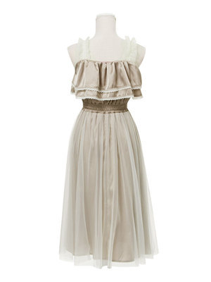チュールレイヤードサテンティアードフリルロングワンピース