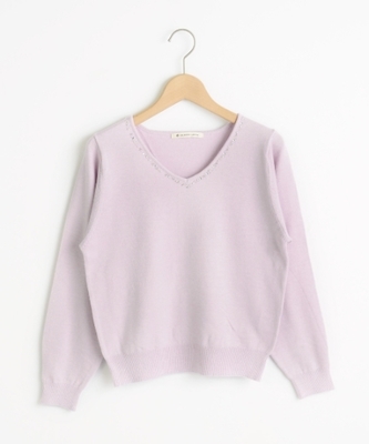 Vネックビジュー付プルオーバー