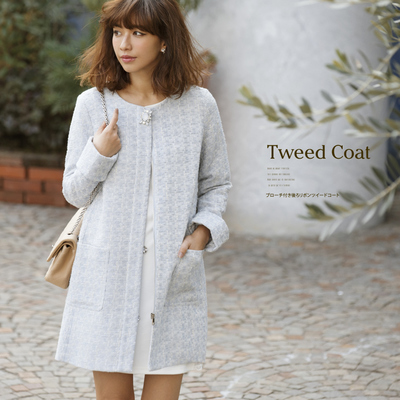 ブローチ付き後ろリボンツイードコート