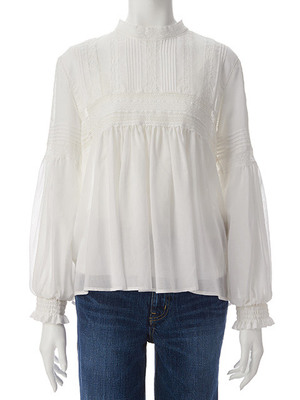 テンセルローンハイネックレース接ぎブラウス