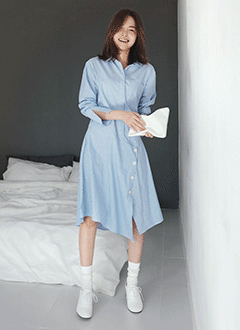 ボタンアンバランスヘムストライプシャツワンピース