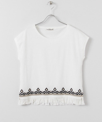裾刺繍フリンジTシャツ