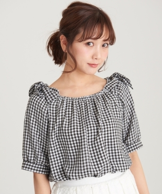 シアーギンガムリボンブラウス
