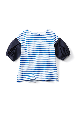 カットソー×ローンのパフスリーブボーダートップス ＜ホワイト×ブルー＞