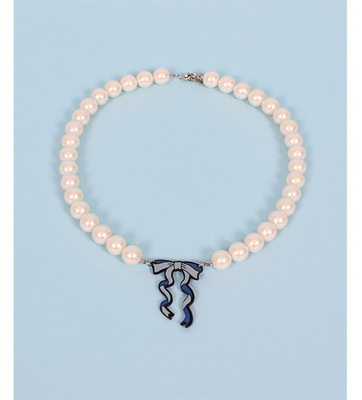 本皮 リボンプリント パールネックレス