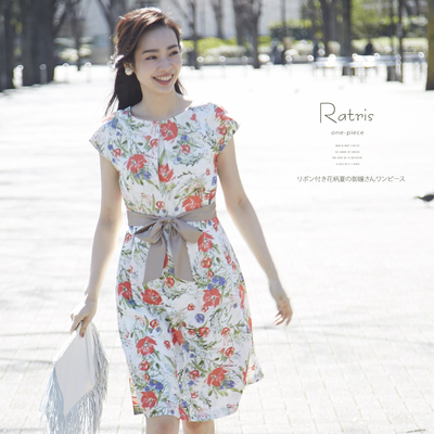 リボン付き花柄夏の御嬢さんワンピース