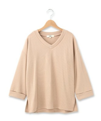 Vネック7分袖リブカットプルオーバー