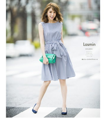 肩ビジューストライプワンピース 【lasmin　ラスミン】