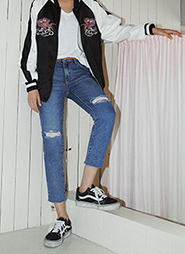 DHOLIC フレイドヘムハイウエストストレートデニムパンツ