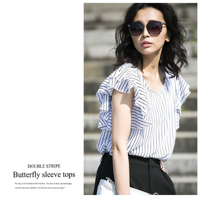 【Double stripe frill tops】レディース　ストライプ　フリル