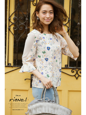 袖透け花柄お嬢様ブラウス