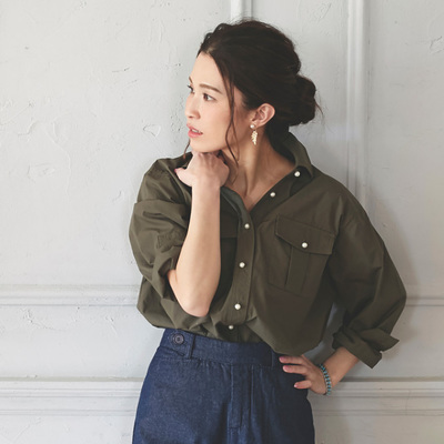 【Pearl button shirt】レディース パール　ミリタリー