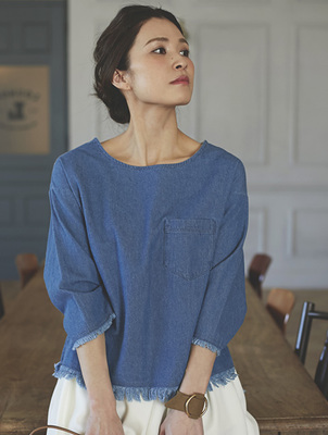 【Fringe denim tops】レディース フリンジ　デニム