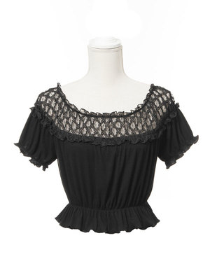 レース×リブギャザーカットソーショートトップス