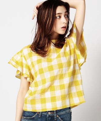 ギンガムチェック柄ティアードスリーブブラウス