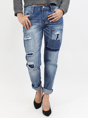 パッチワークデザインダメージデニムパンツ