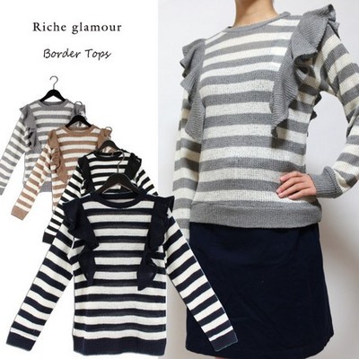 ボーダーラッフル袖ニットソー