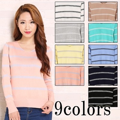 Vネックボーダーニットトップス