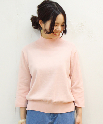 裾スリットハイネック７分袖プルオーバー