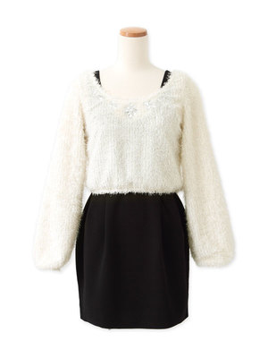 ビジュー付短丈長袖ニットトップス×ノースリーブミニ丈ワンピース2点セット