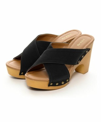 クロスベルトウッド調ヒールベルトサンダル