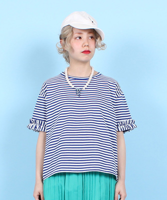 シルケットボーダー　袖口フリルTシャツ