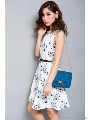 スラブフラワーワンピ+バッグセット