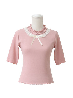 五分袖フリルハイネックレースサテンリボンリブカットソートップス