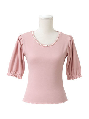 ボリュームパフスリーブ パール&リボンラッピングリブカットソートップス